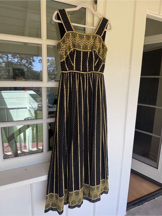 Miss Elliette Dresses & Skirts - Miss Elliette of California Black Maxi Dress with Yellow Patterned Trim